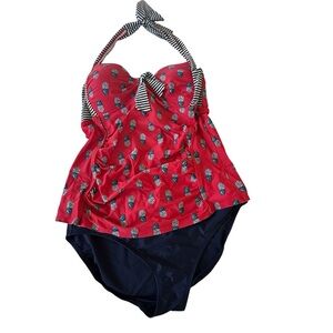 Merona Red and Navy Pineapple Print Tankini Swimsuit, Size Medium/10